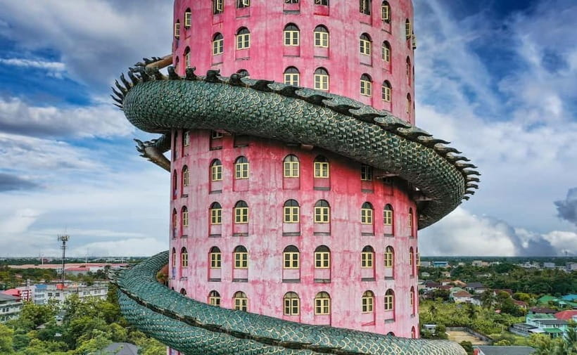 From Bangkok: Don Wai Market, Wat Samphran & Lotus Café Tour - Wat Samphran and its giant pink dragon