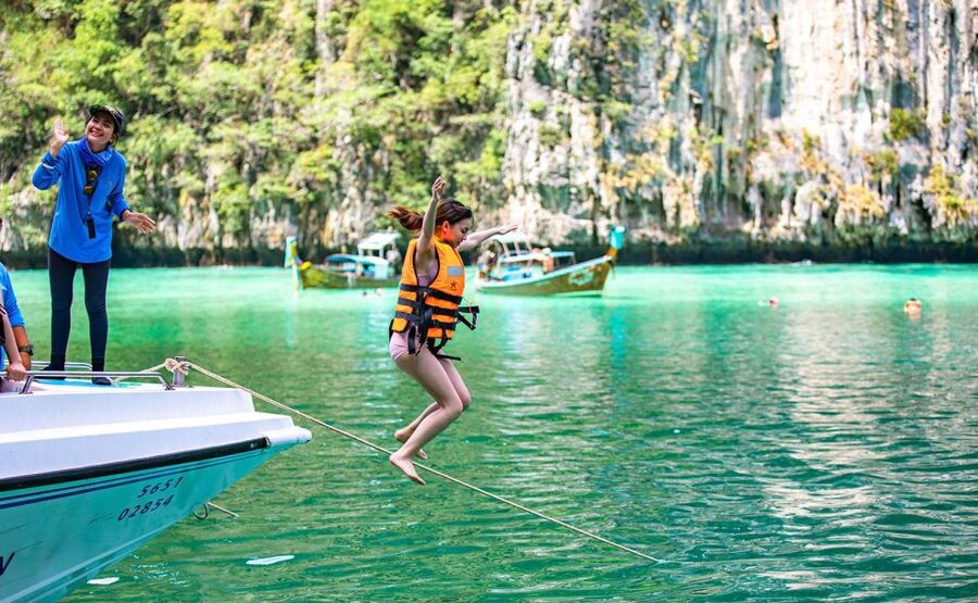 From Phuket: Phi Phi, Maya Bay, & Khai Islands Premium Trip - Monkey Beach, with a firm safety boundary